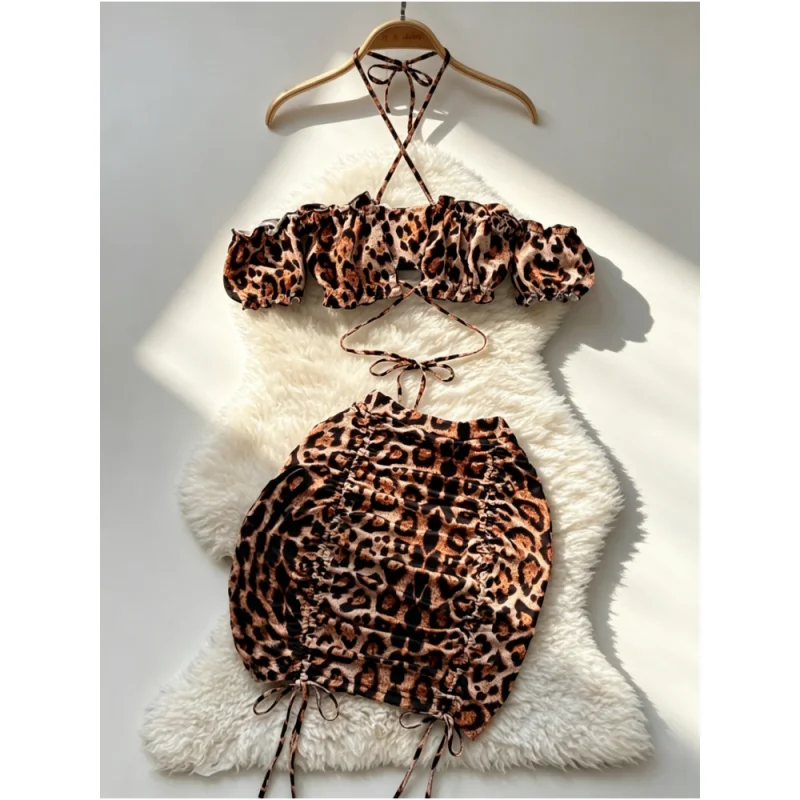 Leopard Print Suits Sexy Women Off the Shoulder Backless Crop Tops+Mini Skirts Sets Halter Drawstring Elastic Hotsweet Club Slim