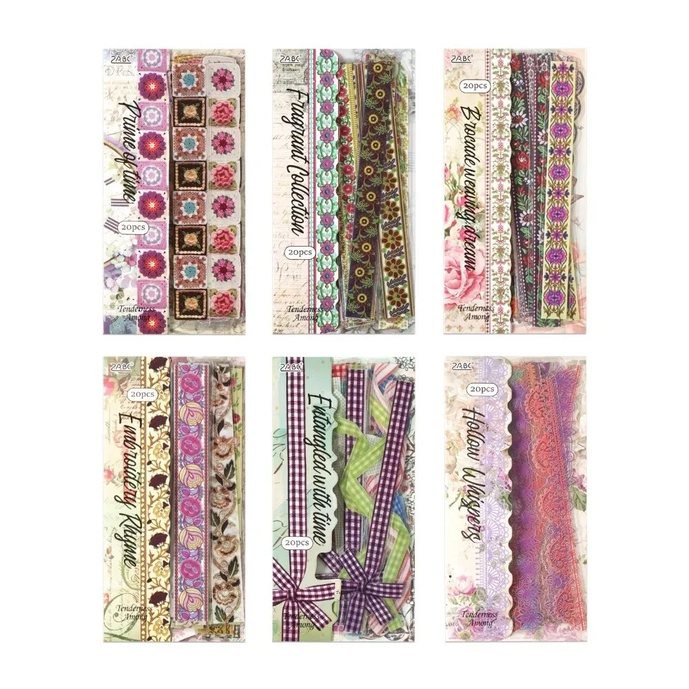 20pcs Wear-Resistant Vintage Lace Stickers DIY Craft Long Strip Design Long Lace Ribbon Retro Style Floral Pattern PET Stickers