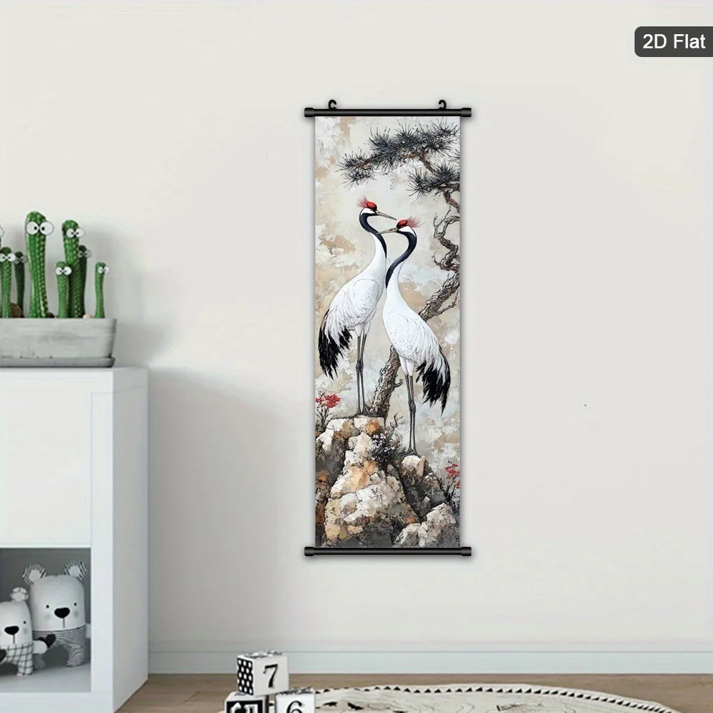 VIKAMA Vintage Asian Bird Scroll Wall Art Framed Canvas Decor for Living Room Bedroom Home Office