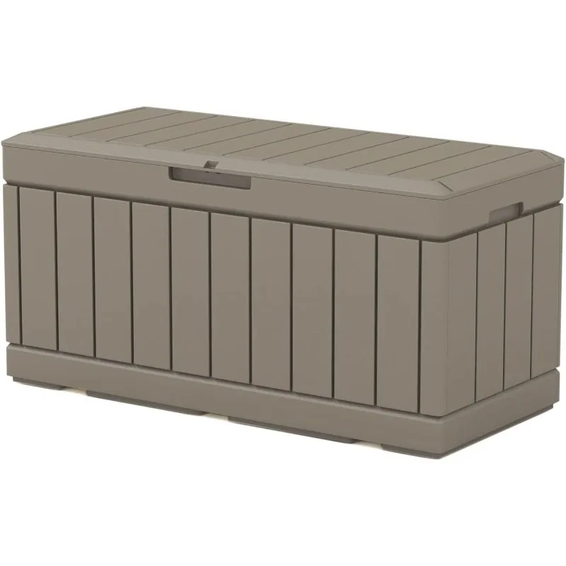 

82 Gallon Resin Deck Box, Waterproof Large Wood Look Storage Box for Patio Furniture, Pool Accessories, Garden Tools a
