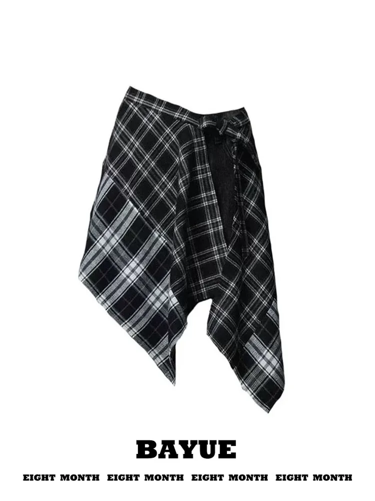 Black White Plaid Shirt Curtain Layered High Waist Uneven Hem Butt Covering Skirt Curtain  Belted Waist Cover Skirt