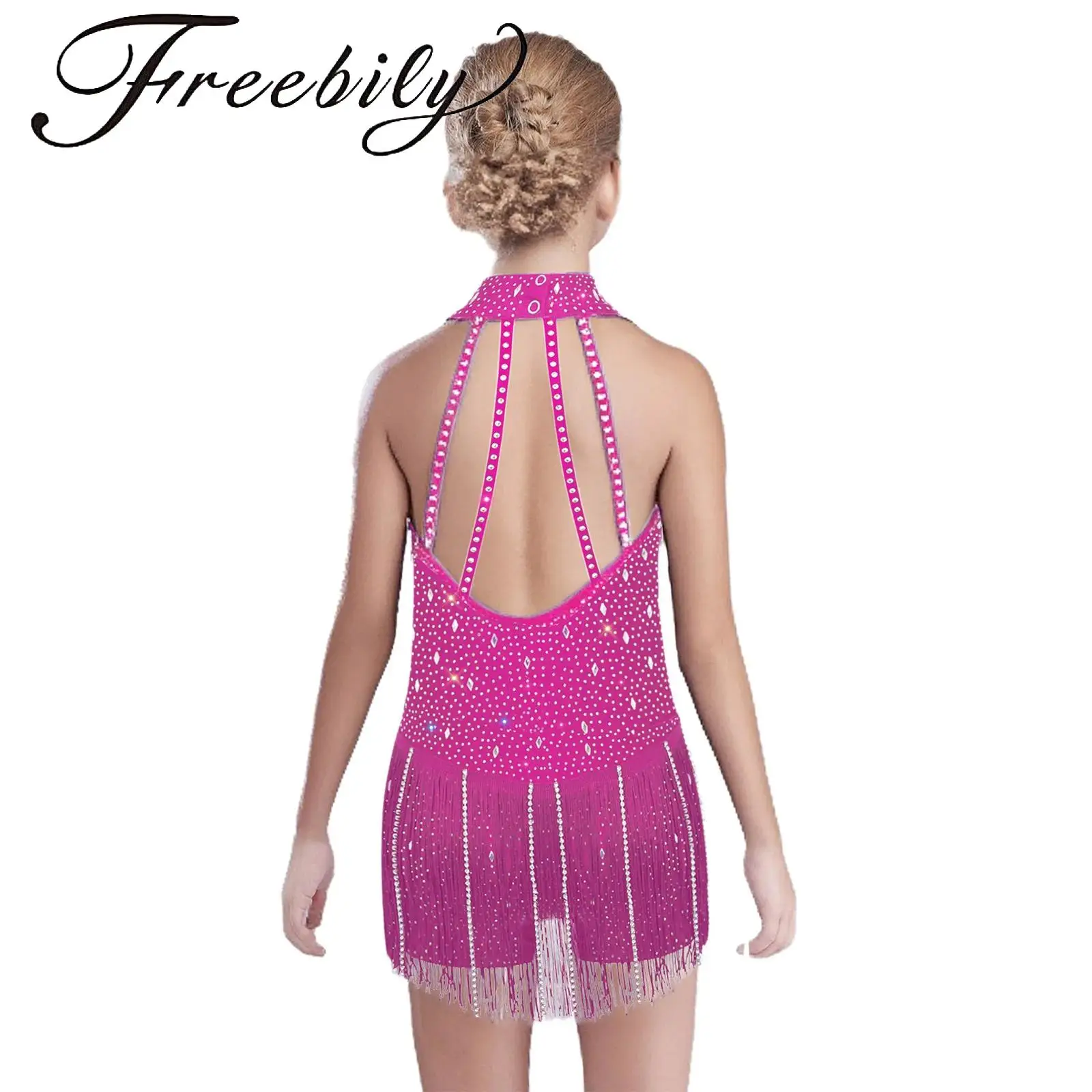 

Kids Girls Backless Latin Jazz Dance Leotard Fringed Halter Sleeveless Shiny Rhinestones Bodysuit for Performance Competition