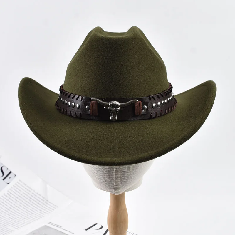 Retro Bull Ox Kopf Niet Leder Band Western Cowboy Hut Unisex Roll Up Krempe Cowgirl Jazz Hut Kirche Sombrero Hombre Caps – Detail 8