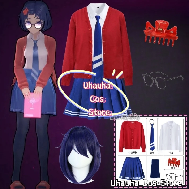 Maleside óculos mila cosplay jogo traje peruca roleplay feminino primário yandere roupa halloween assustador solitário mila roupas de festa