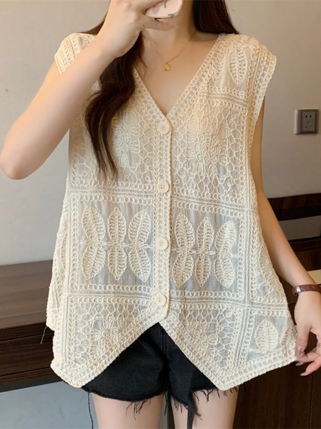 plus Size Women's  Color Design Sleeveless Open Cardigan T-Shirt Hollow out Versatile Top for Summer And Autumn