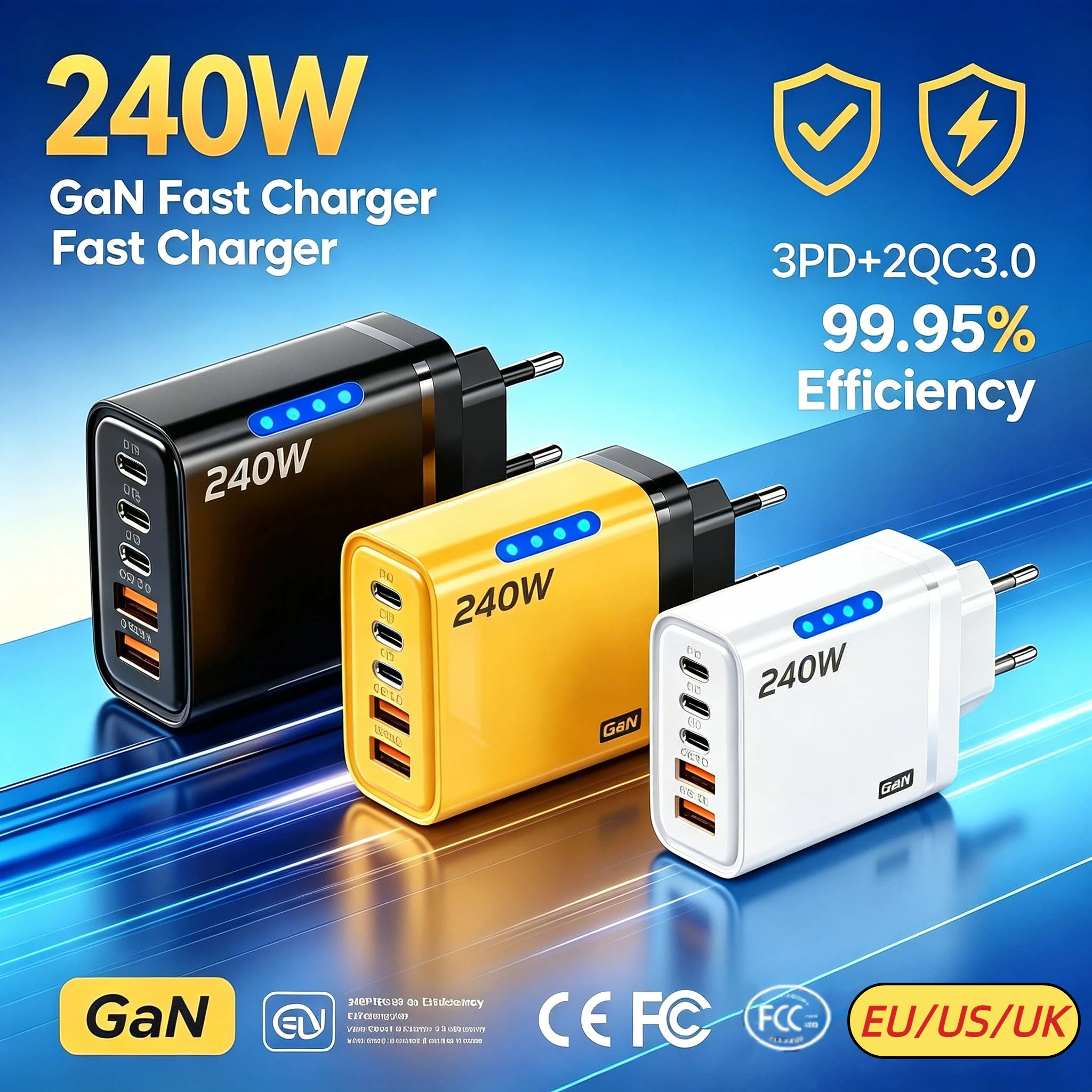 5 Port GaN Fast Charger Type C PD QC 3.0 USB Phone Charger Adapter For iPhone Samsung Xiaomi Huawei Laptop Tablet Fast Charging