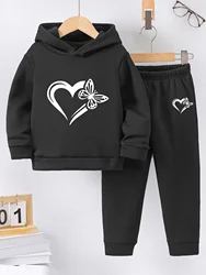 2set Girls Autumn and winter cute sweet casual fashion love pattern printed warm plus fleece hoodie and tracksuit pants