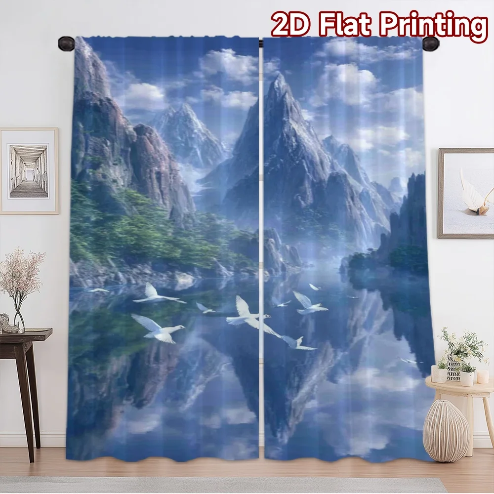 2D flat printing 2pcs Curtain Window Curtains Mountain Lake Reflection(1) Digital Printed Polyester Drapes Festive Wall Decor