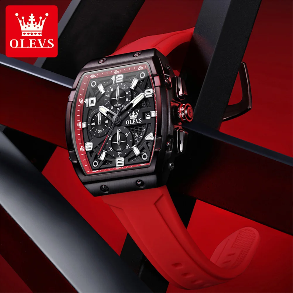 OLEVS 2976 Men's Watch Chronograph Date Quartz Watch For Men Number Scale Tonneau Big Dial Waterproof Silicone Strap Hand Clock