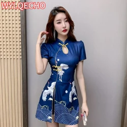 Women Chinese Style Retro Improved Temperament Printing Cheongsam Modern Dress Blue Chinese Qipao Dresses for Women