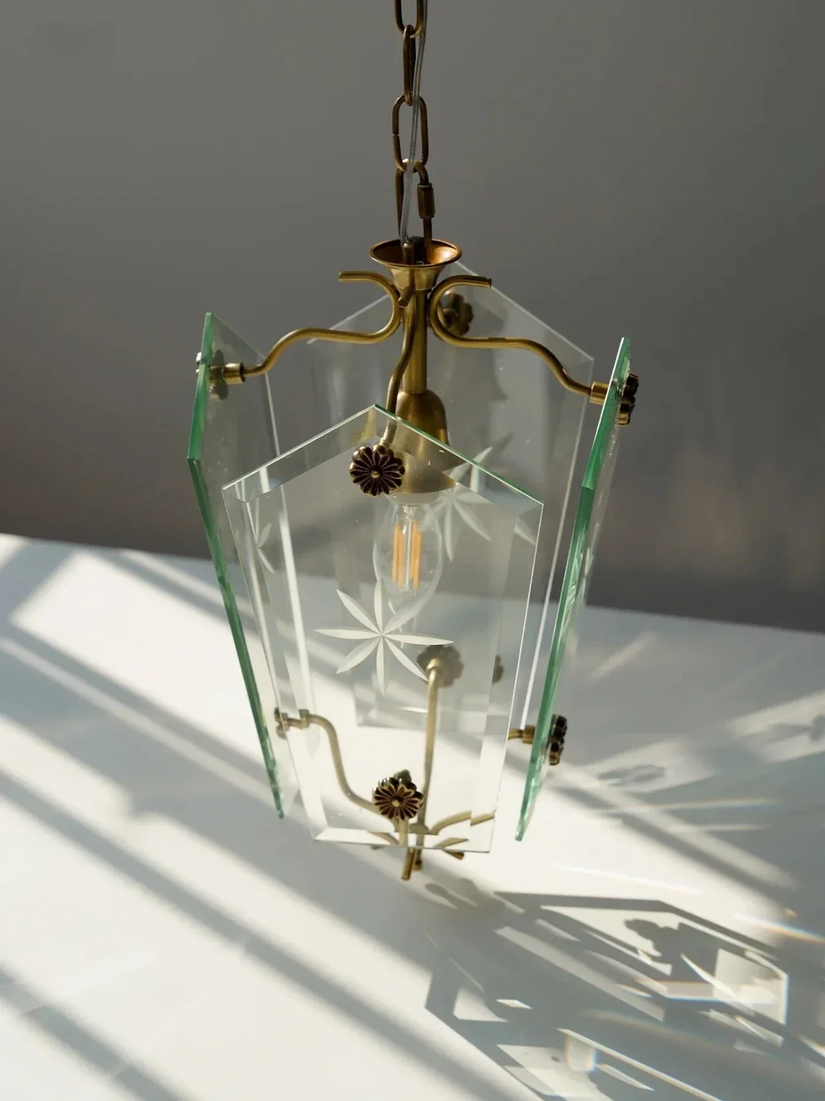 French Vintage Pure Copper Glass Lantern Pendant Light Retro Brass Etched Star Hanging Lamp For Bedroom Dining Room