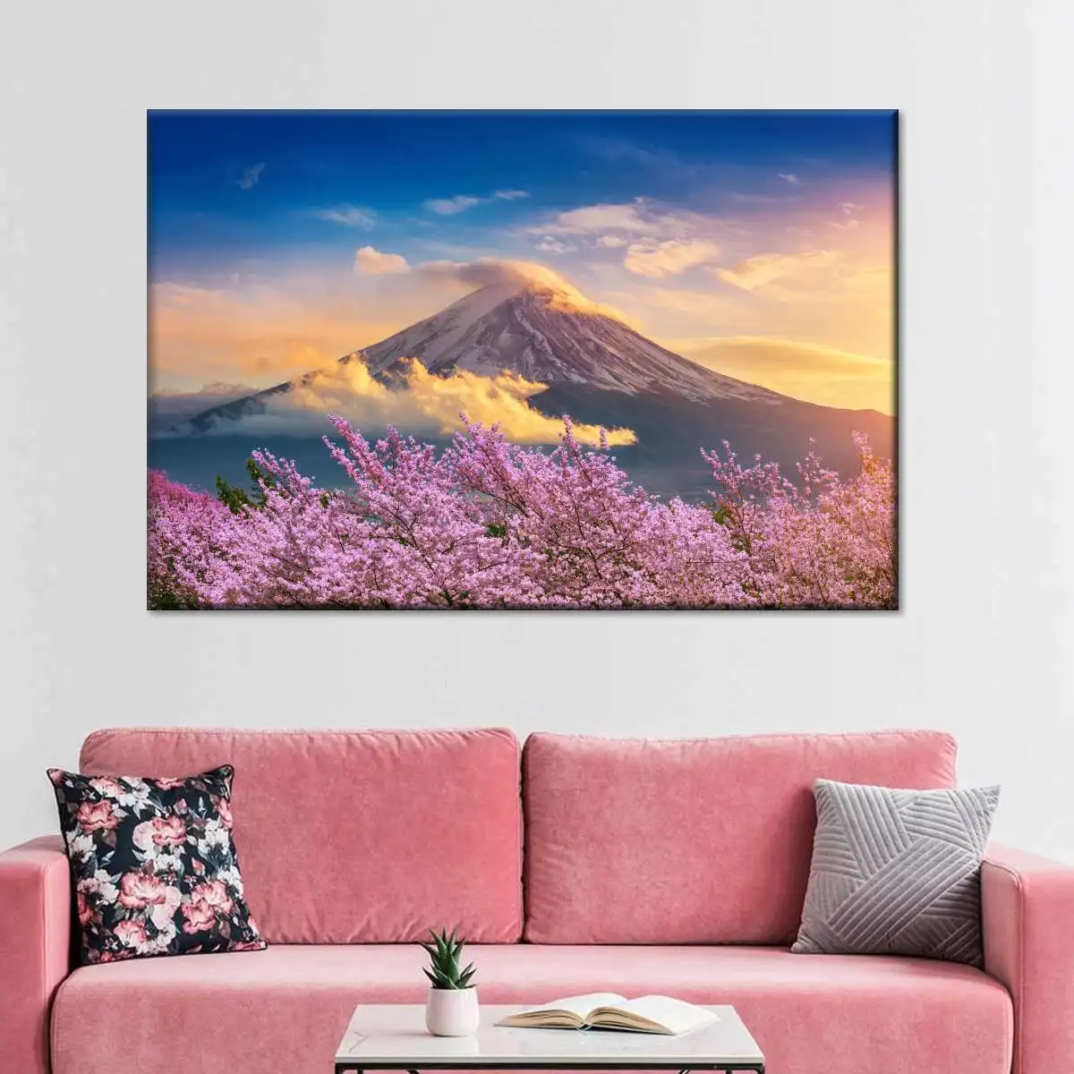 1PC Mount Fuji with Cherry Blossoms Sunset Landscape Wall Art, Japanese Scenery Poster, Unframed Canvas Print for Home Decor