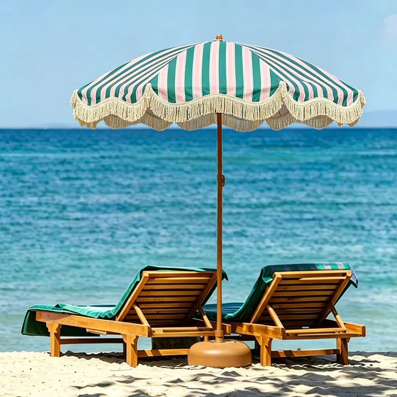 Mucai round outdoor striped fringed umbrella tilting Internet celebrity stall beach parasol garden courtyard sun protection