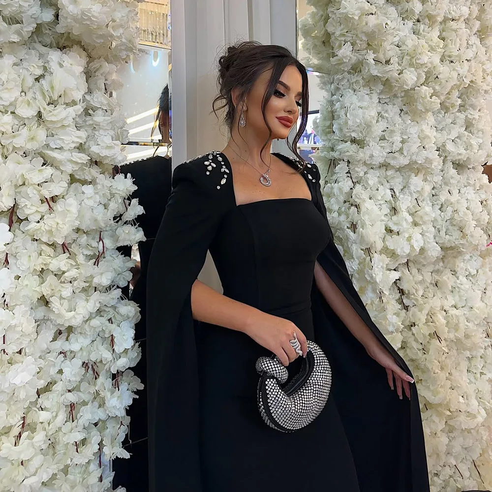 Luxury Black Dubai Abraic Evening Dress with Long Cape Sleeves for Women 2025 Beads Formal Prom Wedding Party Gowns Customize
