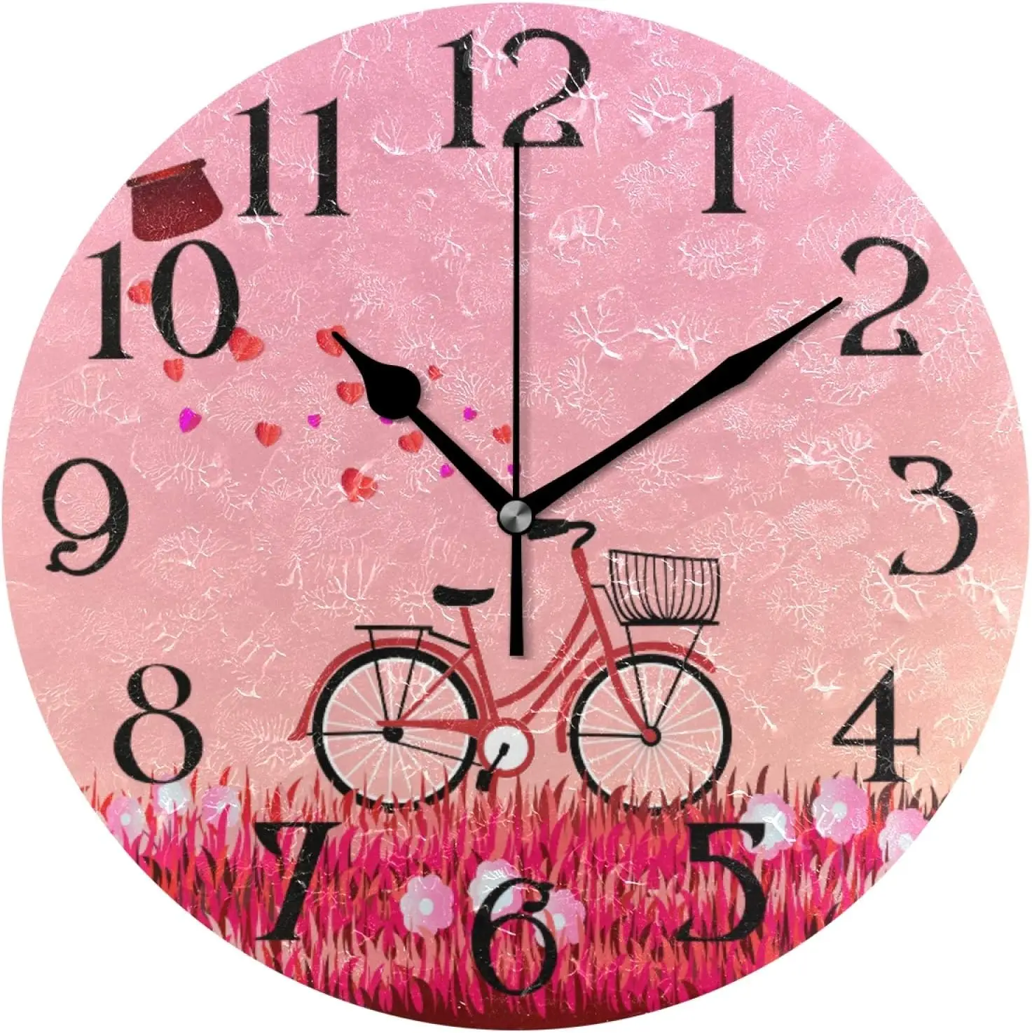 Pink Bike Clock Mother's Day Flower Wall Clock 9.5 Inch Non-Ticking Silent Clocks Round Bathroom Clock Battery Operated Quartz A