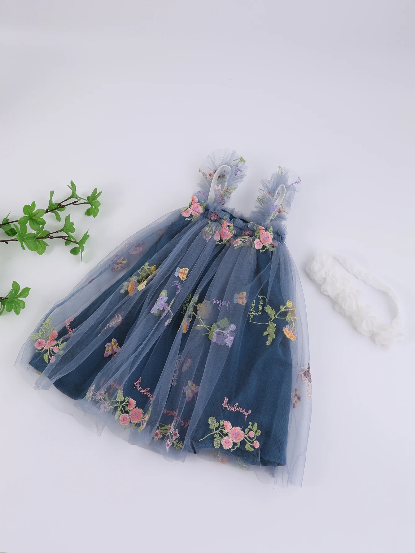 Infant Toddler Baby Girls Tutu Dress Sleeveless Flower Embroidery Tulle Dress Little Girls Princess Dresses with Flower Headband