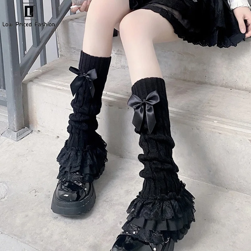 Japanese Women Knitted Leg Warmer Bow Tiered Ruffled Socks Girl Lace Lolita Socks Calf T-shaped Lace Leg Horn Warmers Women