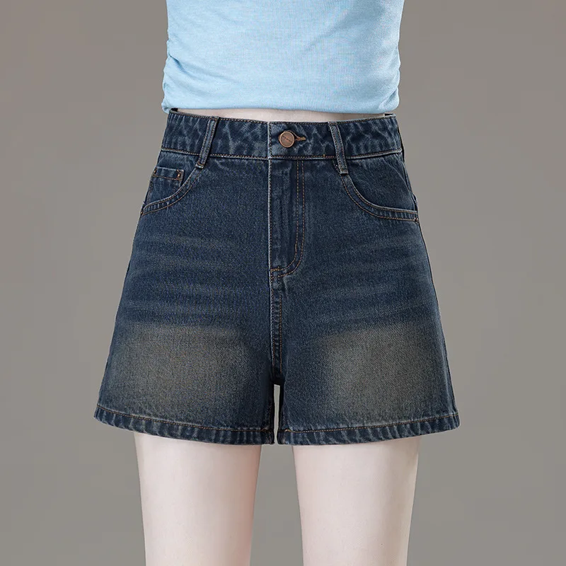 

Vintage High-Waisted Denim Shorts for Women, Autumn New Style, Unique Design, A-Line Wide-Leg Hip-Hugging Hot Pants