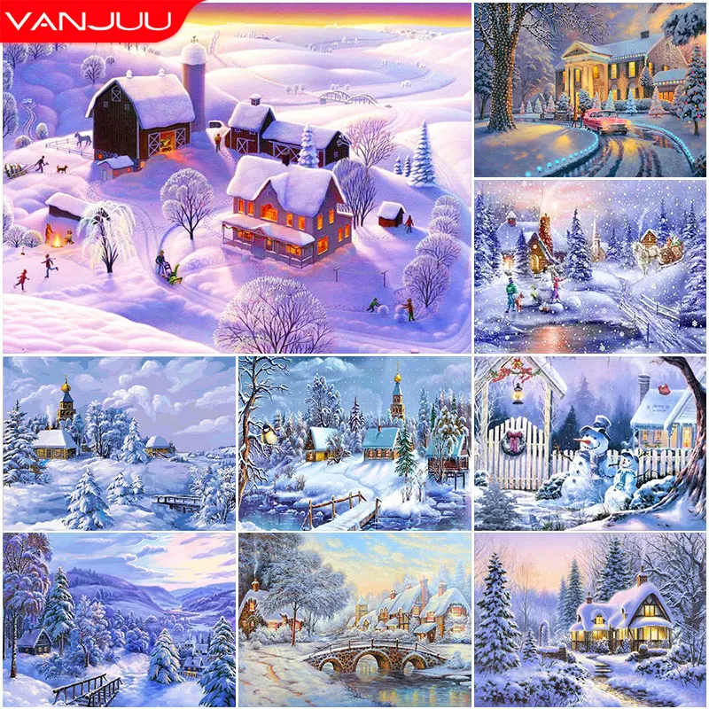 5D DIY Diamond Painting Ice Snow House Full Round Diamond Mosaic Landscape Diamond Embroidery Kit Rhinestone Home Art Decoration