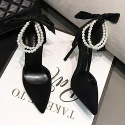 Bow Black High Heel Sandals Lace-up Solid Ladies Shoes Fashion Thin Heels Buckle Women's Sandals