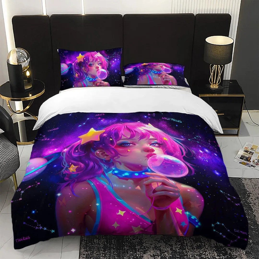 3pcs Anime Girl for galaxy Bedding Duvet Cover Set Zodiac Constellation Bedding Quilt Set Cute Girl Themed Bed Quilt Set Space