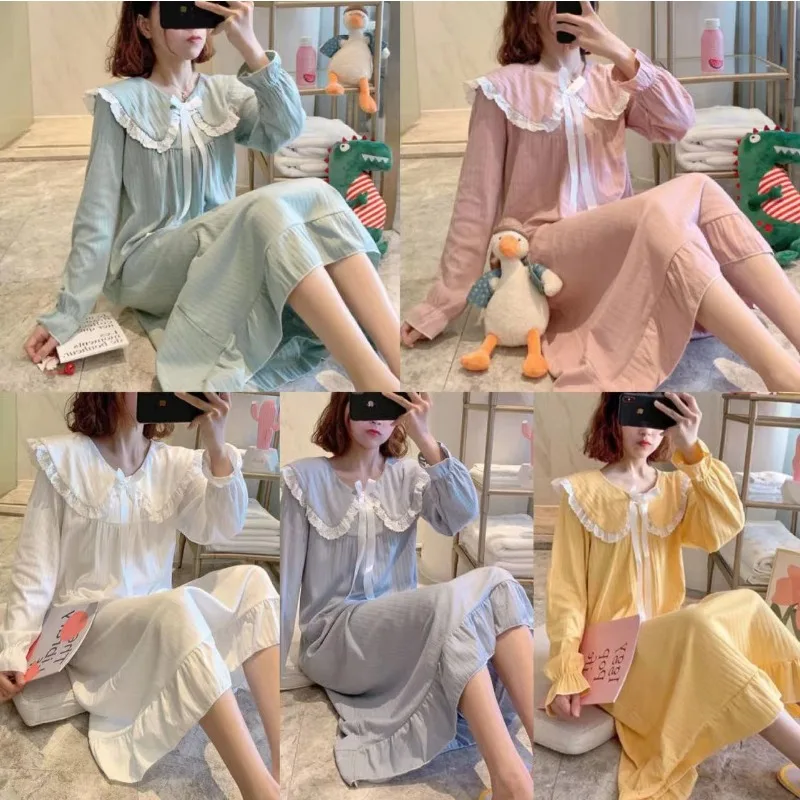 

Новое женское пижамное платье в стиле принцессы, ночная рубашка с длинными рукавами для девочек, простой однотонный кукольный воротник миди выше колена с кружевным бантом