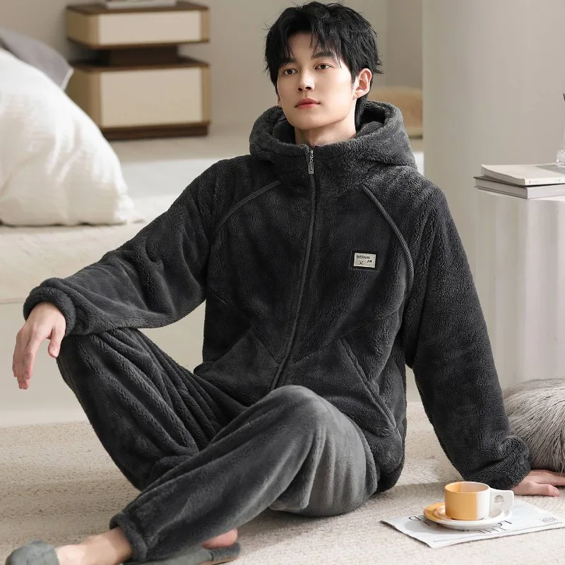 Pajamas Men's Autumn Winter Thickened Fleece Flannel Suit Coral Fleece Homewear Cardigan Zipper Large Size Warm Winter Clothing