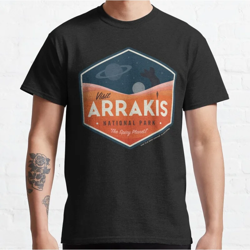 

Visit Arrakis The Spicy Planet! Vintage National Park Travel badge Dune Gift T shirt Graphic Print Clothes 100% cotton Tee