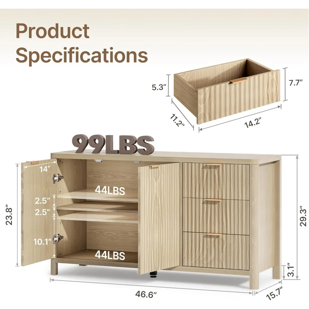 خزانة جانبية ذات رف قابل للتعديل، بوفيه كبير متعدد الوظائف 46.6 مع أبواب وأدراج، حل تخزين مميز #3