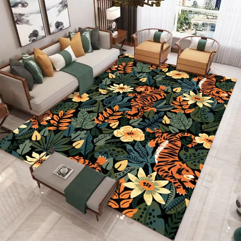 Large Green Background Carpet Orange Black Striped Tiger Living Room Side Table Lamp Clock Green Trees Window Home DecorMat
