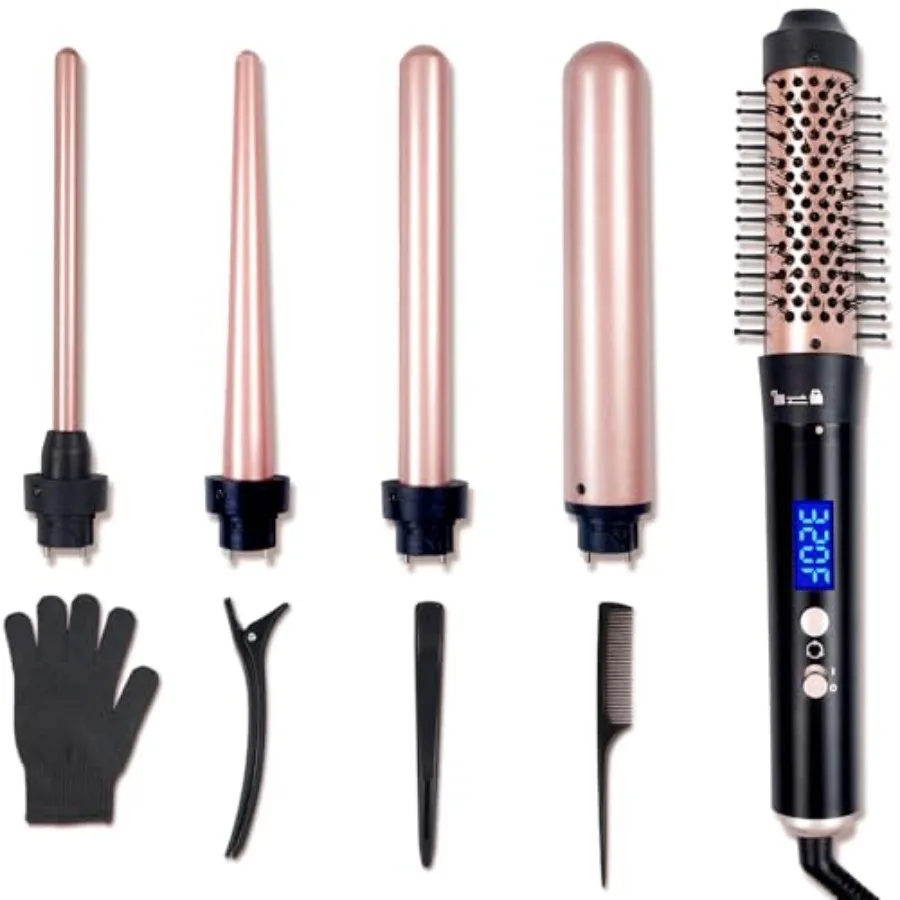 

5 in 1 Hair Curling Wand Set for Short and Long Hair Ceramic Curling Iron with 4 Temperature Settings Hot Brush Styler with Mul
