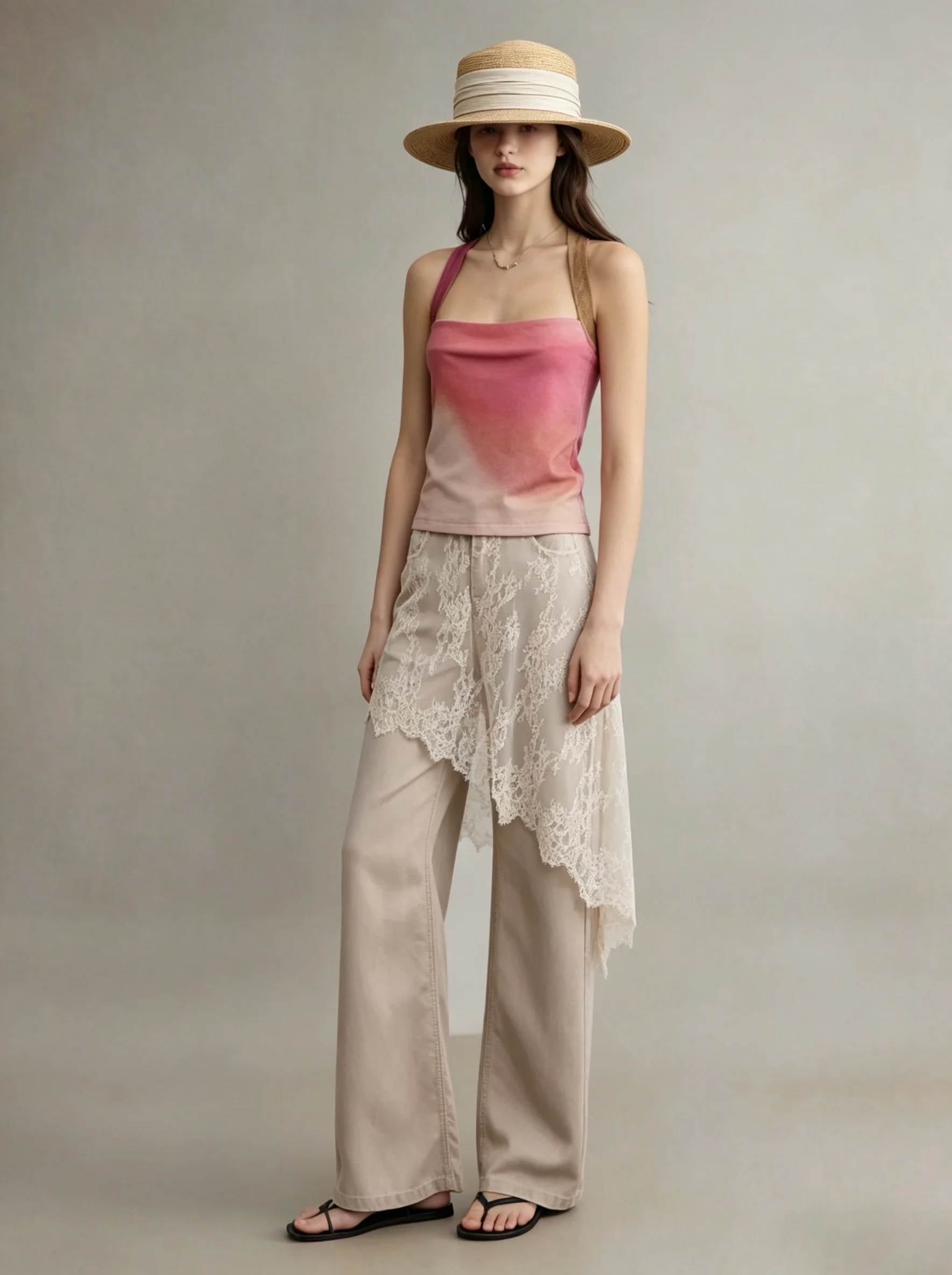 

Light Brown Asymmetrical Lace Trim Denim Pants Women's Straight Leg Summer Fashionable Versatile High Waist Wide Leg Jeans