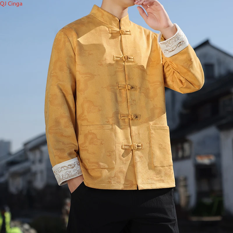Chinese-style Men's Yellow Long-sleeve Printed Jacket, Single-breasted Stand-up Collar Coat, Asian-sized Soft Fabric Overcoat.