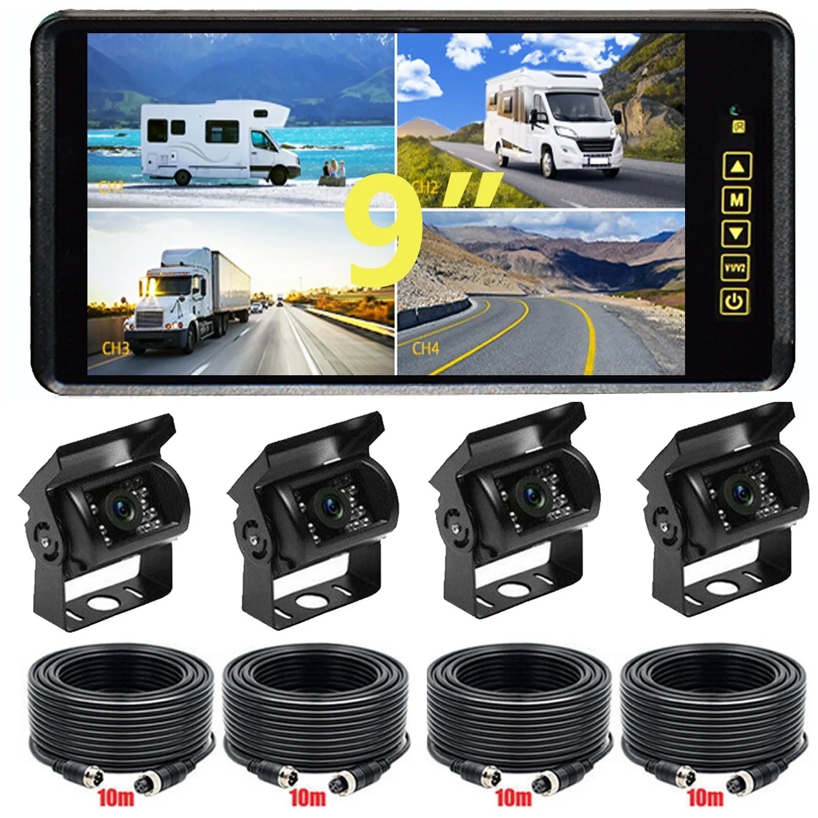 

Lastbus 9" Quad Split Mirror Monitor+4x Side View Backup Camera System for Truck Trailer