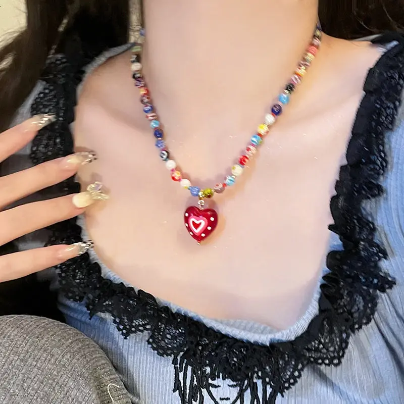 

Same Dopamine Color Beaded Necklace Love Pendant Clavicle Chain Neck Chain