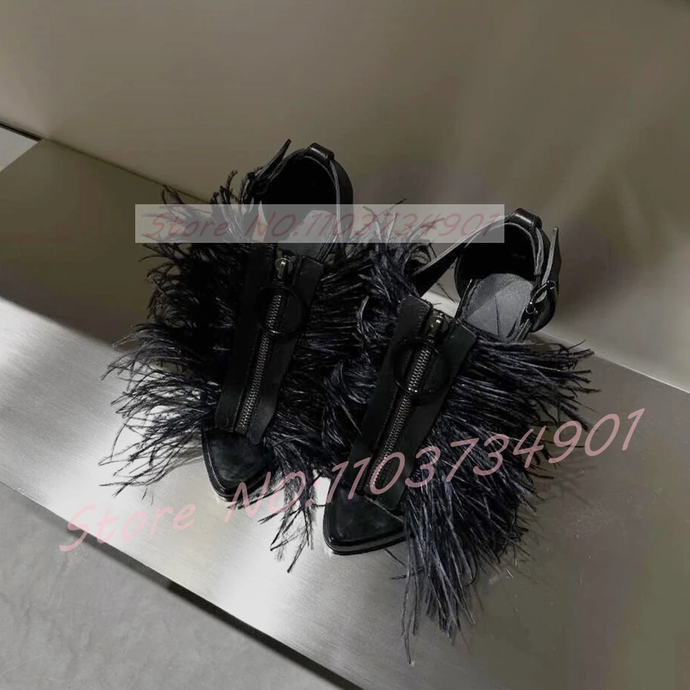Black Feather Open Toe Sandals Women Trendy Edgy Zipper Ankle Buckle Strap High Heels Sandals Lady Sexy Nightclub Party Footwear view 2