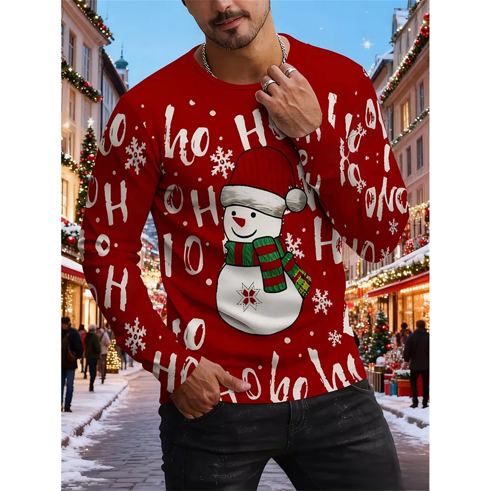 Christmas Cute Snowman Long Sleeve T Shirt For Men 3D Print Ho Ho Ho Graphic Funny Santa Claus Crew Neck Top Holiday Party Wear