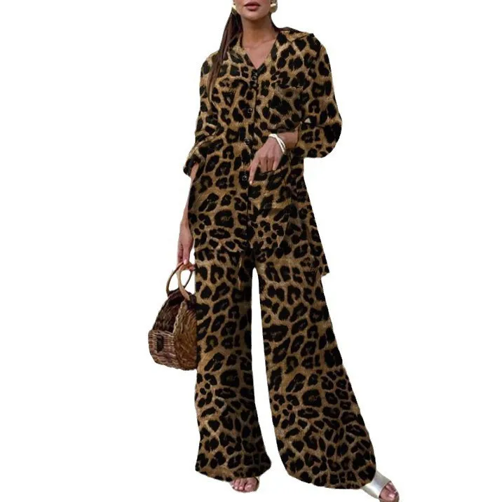 Autumn Fashion Leopard Print Women\'s Suit Two-piece Retro Street Print Casual Loose Long-sleeved V-neck Top Wide-leg Pants Suit