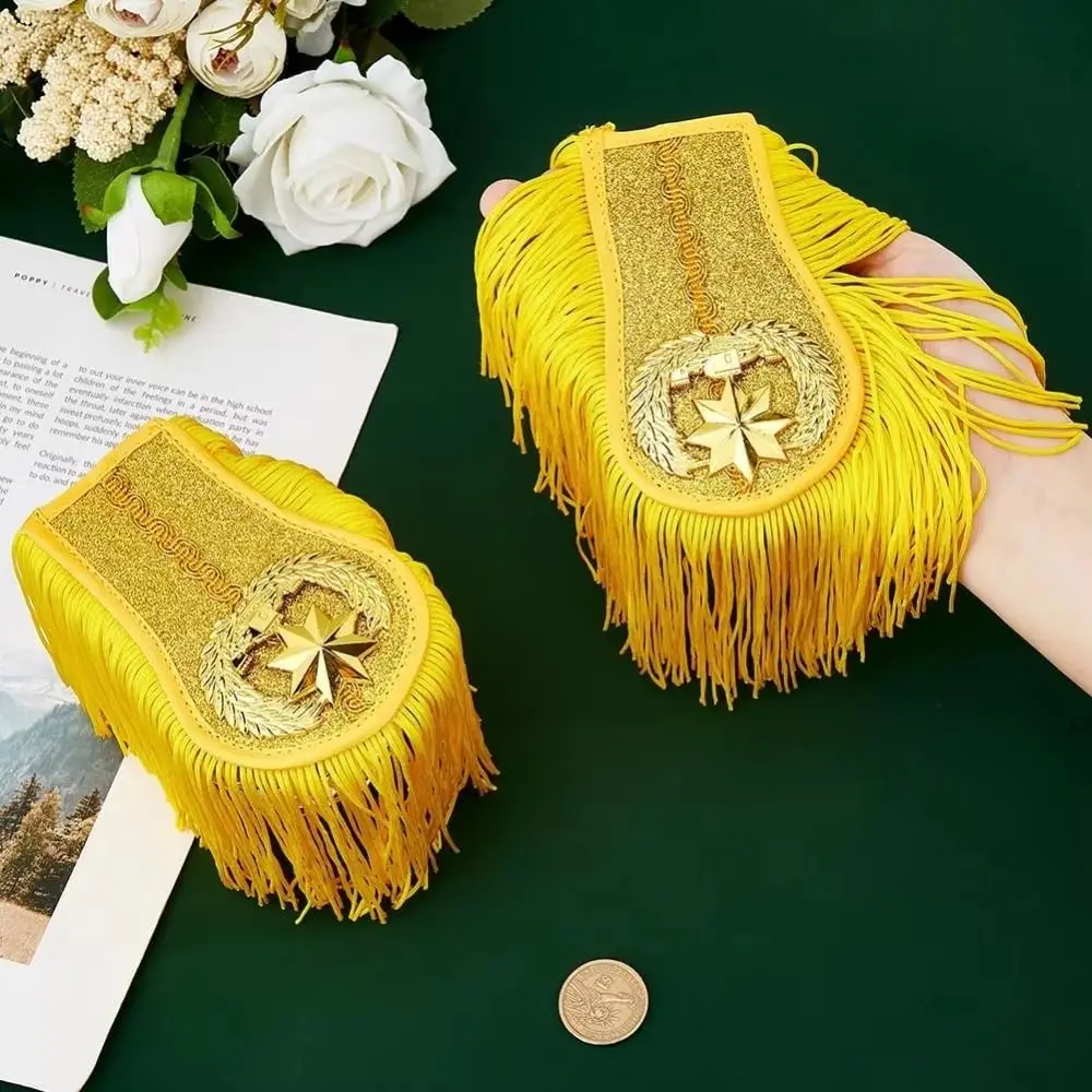 Smooth Satin Fabric Epaulettes Imitation Metallic Tassels Hidden Safety Pins Shoulder Badges Alloy Decorative Emblems