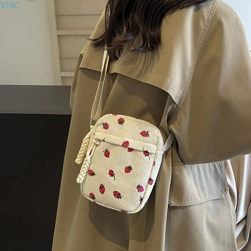 

X7XC Adjustable Strawberry Print Corduroy Bags Shoulder Bag for Fashionable Girls