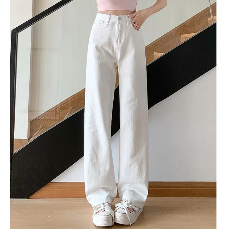 Pantaloni jeans a gamba dritta stretta bianca femminile Pantaloni classici in denim a vita alta da ragazza Pantaloni casual alla moda coreana da donna