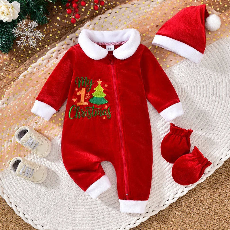 My First Christmas Baby Romper Jumpsuit Red Velvet Hat Mittens Newborn Infant Toddler Holiday Outfit Clothes for Boys Girls