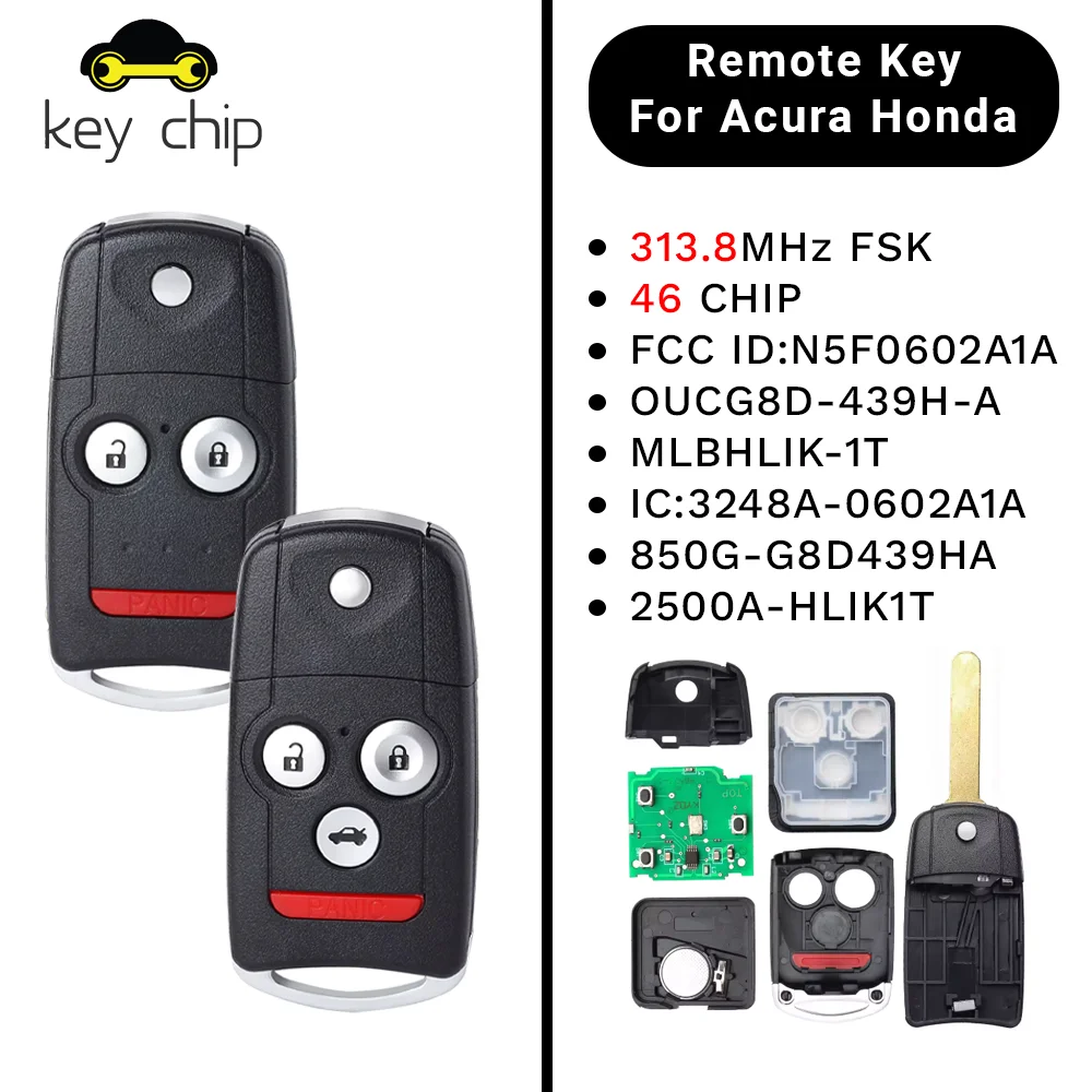 

KeyChip For Acura MDX RDX ILX ZDX TSX TL 2007-2014 313.8MHz PCF7936 Chip Flip Remote Car Key N5F0602A1A MLBHLIK-1T OUCG8D-439H-A