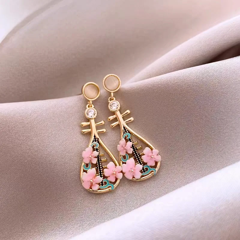 Retro Chinese Traditional Musical Instrument Earrings for Women Lute Shaped Pink Sakura Inlay Zircon Light Luxury Jewelry Gift