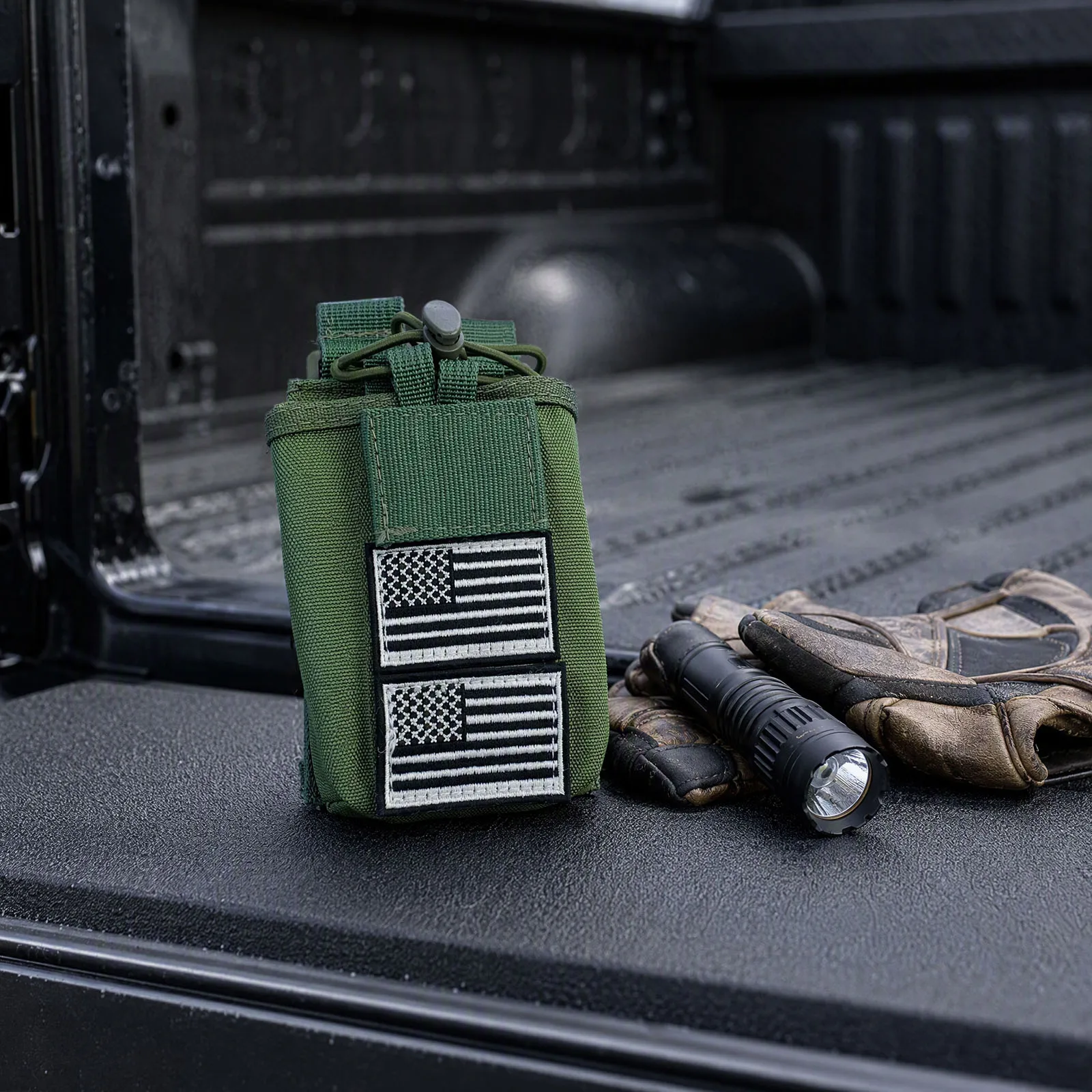 Two Way Radio Holder Utility Nylon Pouch US Flag Patch Adjustable Cord Black Green