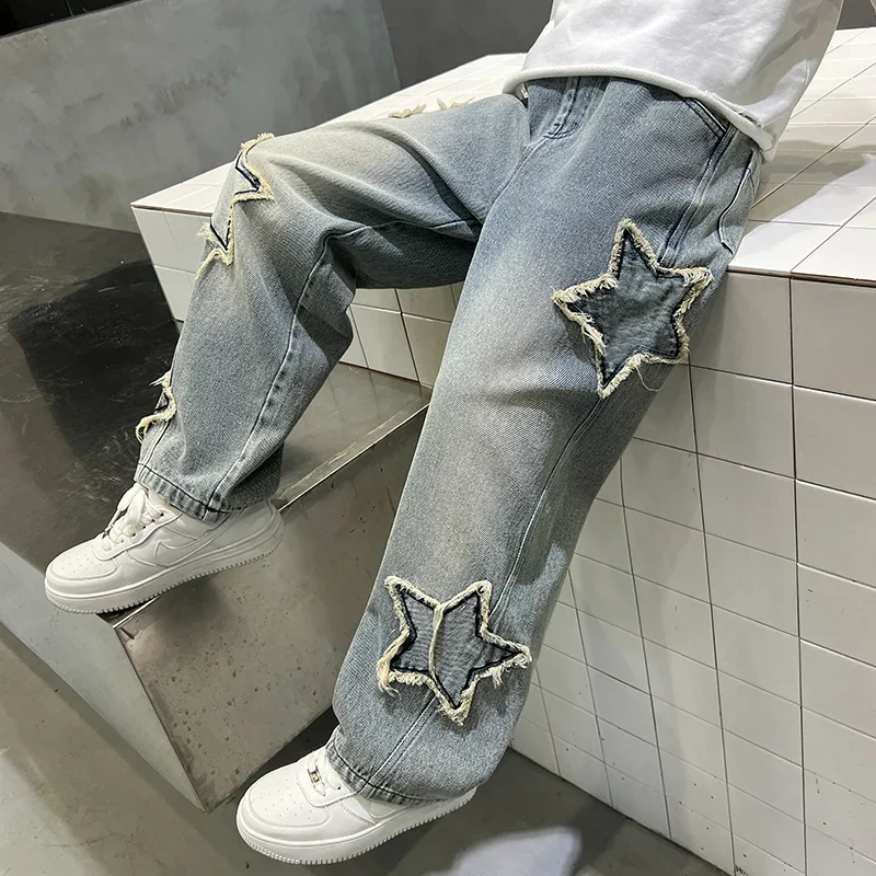 Boys\' pants spring and autumn five-pointed star splicing raw edge jeans boys wide-leg pants washed denim youth pants 7-14 years