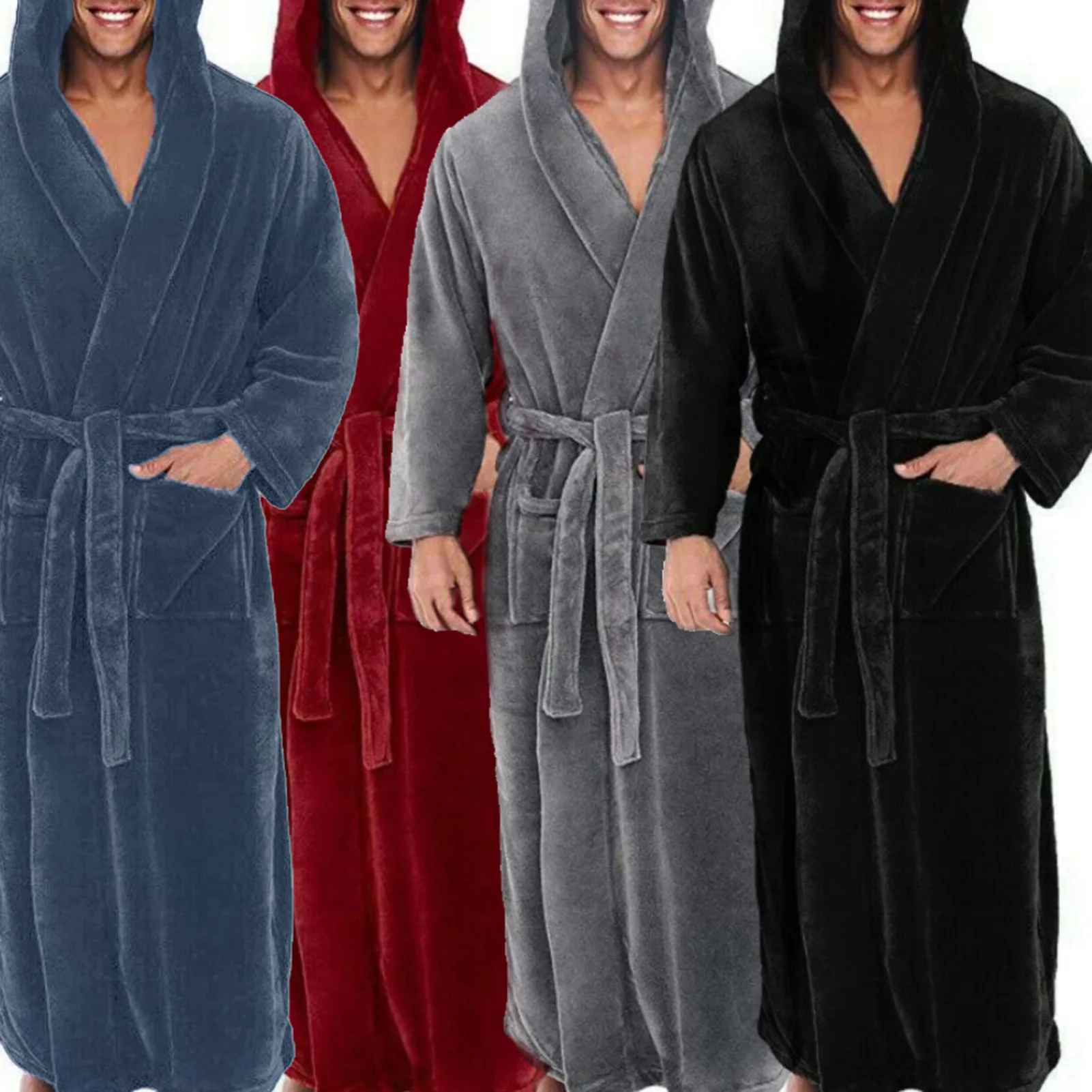 Pijama yumuşak cepler erkekler mercan polar renk blok uzun bornoz ev kıyafeti pijama