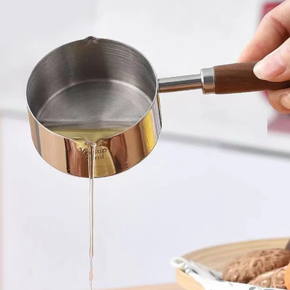 Cacerola de metal de 250 ml, olla pequeña de acero inoxidable para leche, con mango de madera, sartén portátil para derretir mantequilla, utensilio de cocina para verter aceite