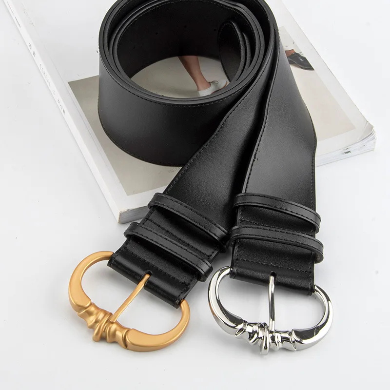 Corsetto da donna in vera pelle nera con fibbia in oro argento Cintura da smoking femminile Cappotto Cintura larga Decration J1452