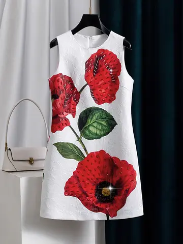 Women Beaded Summer Dress Women White Floral Printed Beaded Dress Sleeveless Round Neck a Line Elegant Summer Party Luxury Jacquard Shift Dress Chic Look